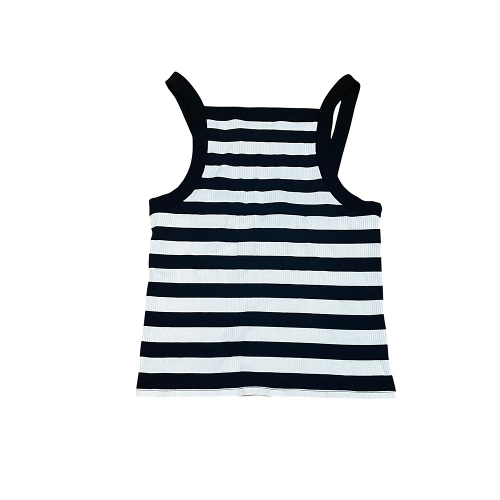 J.Crew Women's Large Black White Striped Ribbed Square Neck Tank Top BY426 NWT